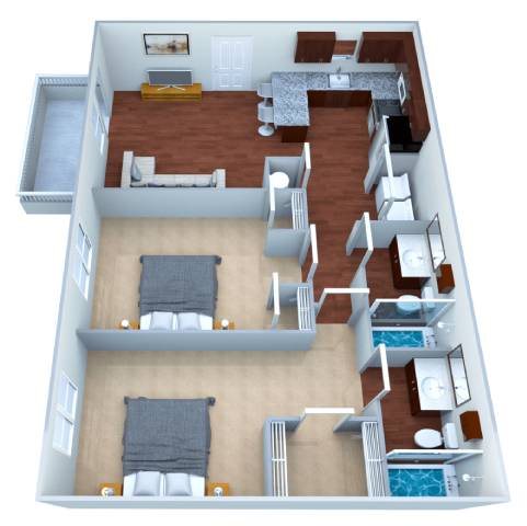 A 3D floor plan of a house with a living room, kitchen, and two bedrooms.